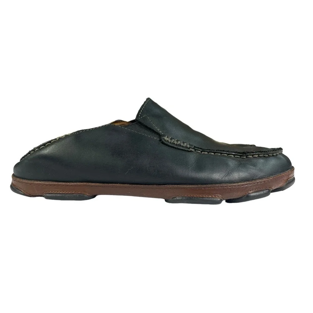 Olukai Maloa Loafers Mens 9.5 Black Leather Back Drop Heels‎ Shoes
